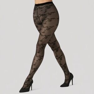 Wolford FloreT Tights Floral Pattern Sheer Opaque 20 Denier BLACK Size S